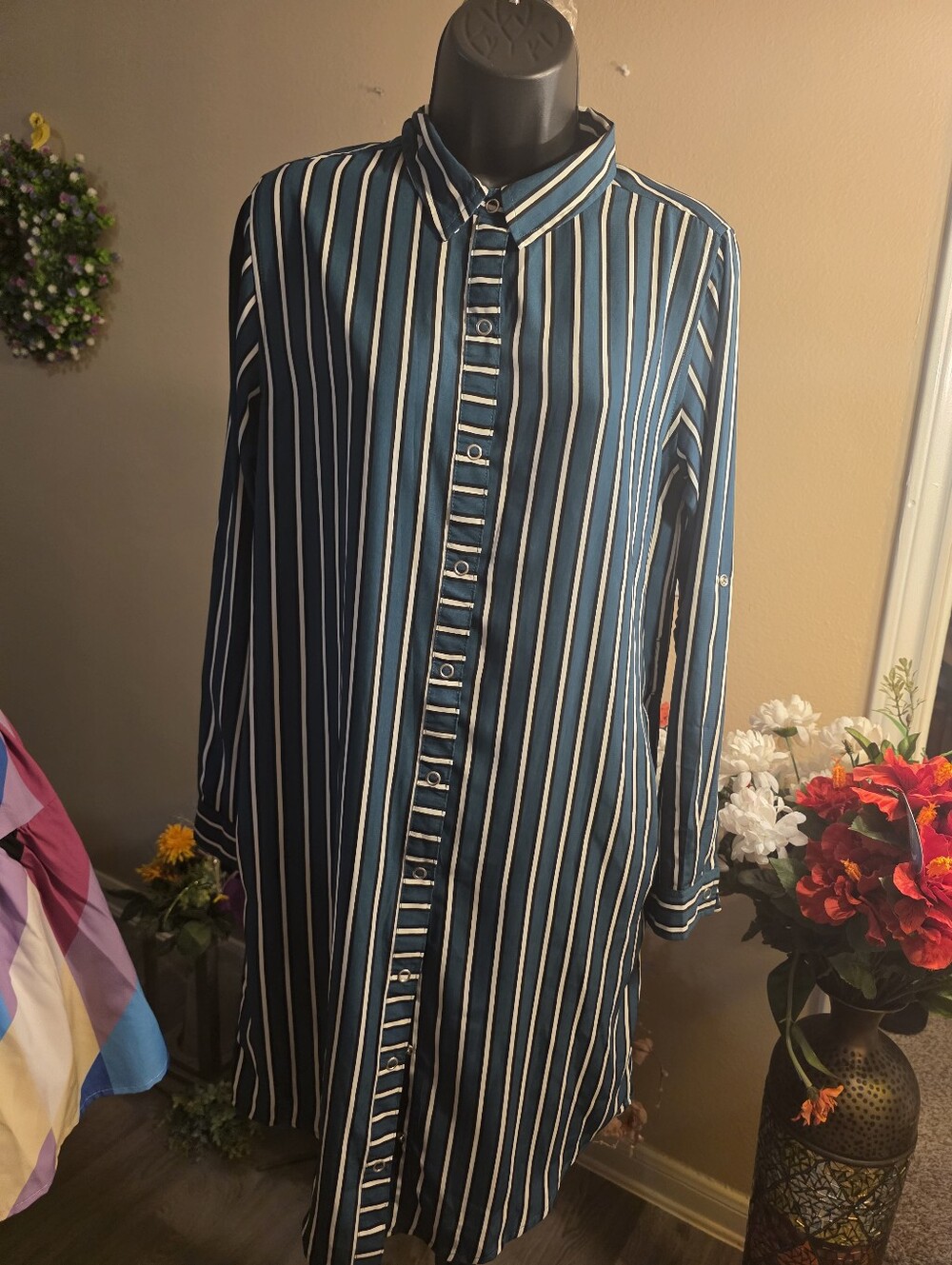 Long Sleeve Vertical Stripe Shirt - Teal/White